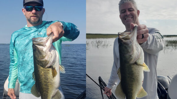 Lake Okeechobee anglers holding bass caught near submerged eelgrass