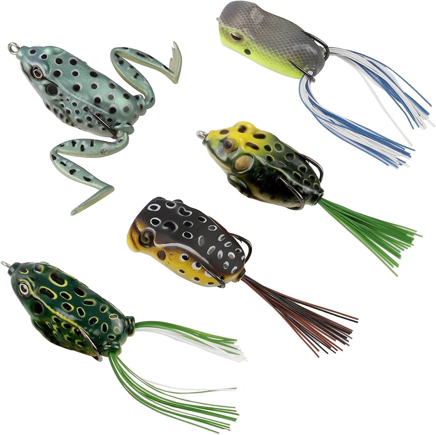 Five hollow-body frog lures in natural green, yellow, gray, and black patterns
