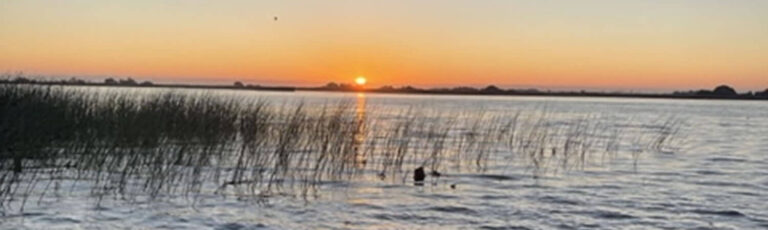 Sunset over open water and shoreline reeds on the California Delta