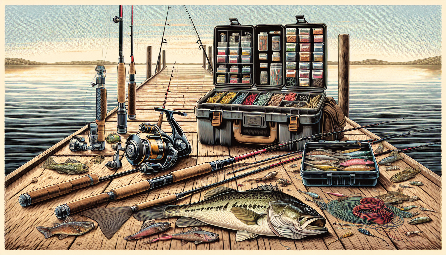 The essential gear for bass fishing in California, including rods, reels, and tackle.