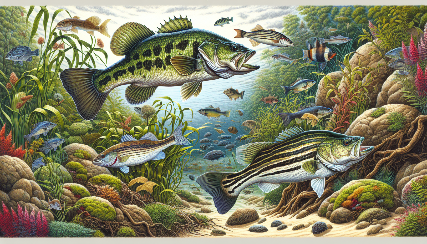 An illustration depicting key bass species in California, including largemouth and striped bass.
