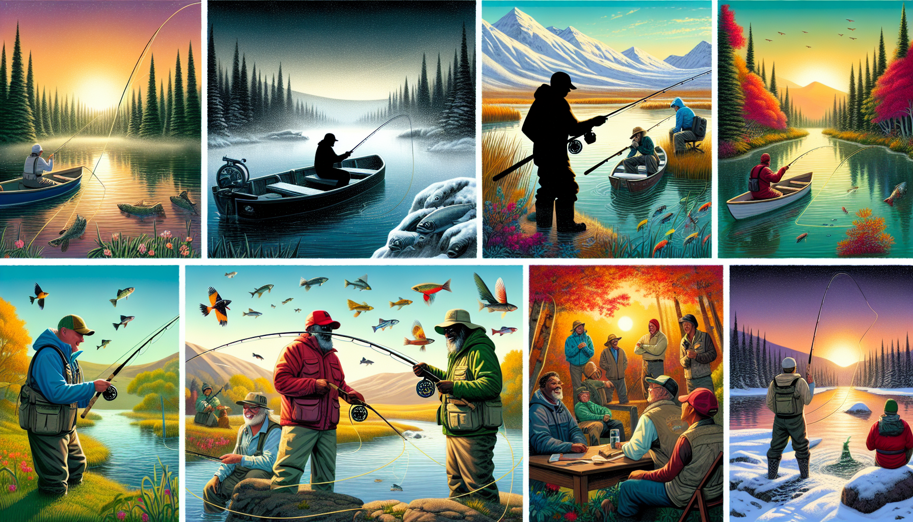 An illustration showcasing seasonal fly fishing opportunities, highlighting different fishing activities throughout the year.