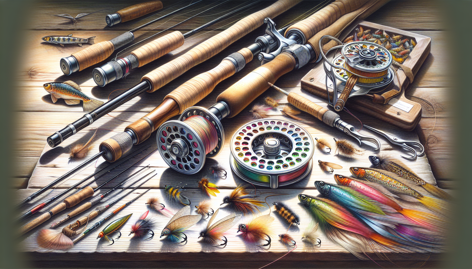 An artistic representation of essential fly fishing gear, including rods, reels, and flies.