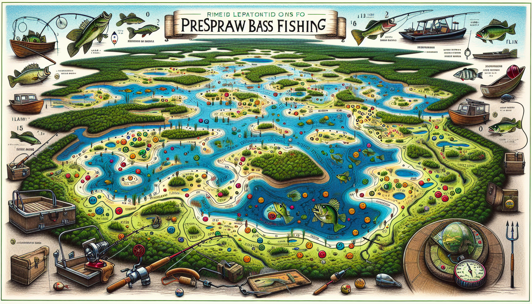 A drawing illustrating ideal locations for prespawn bass fishing.