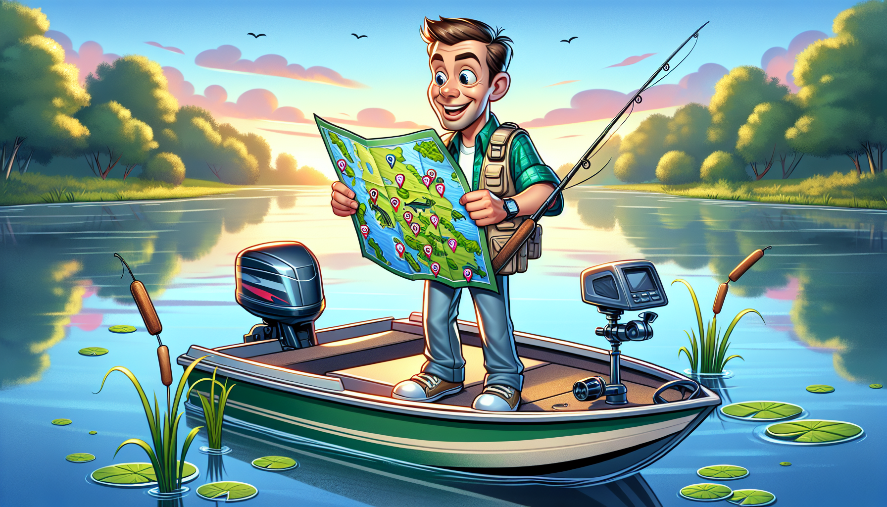An illustration showing a fisherman preparing for prespawn bass fishing.