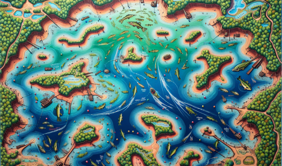 A diagram highlighting ideal locations for prespawn bass fishing.