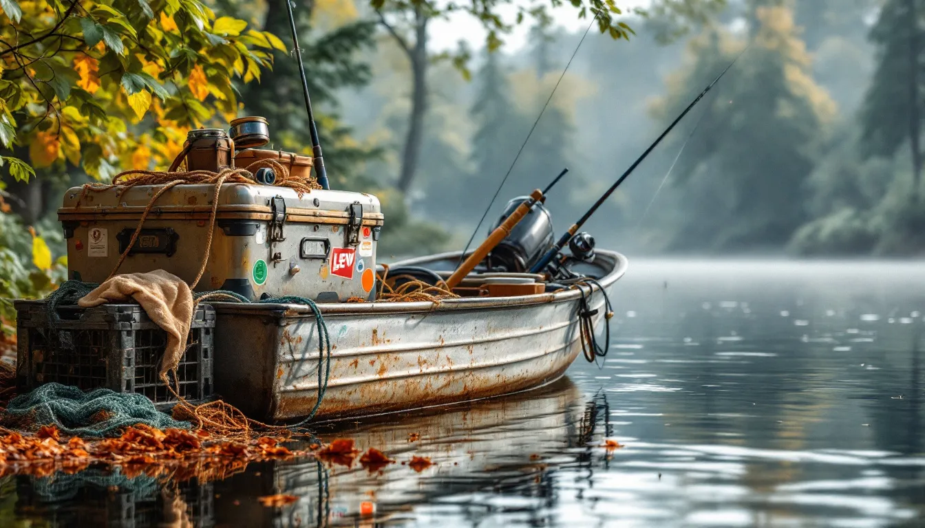 Essential gear for bass fishing laid out on a boat.