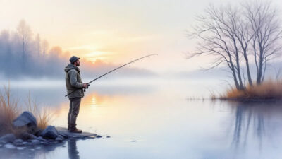 An angler practicing fly fishing on the shores of Lake Ontario