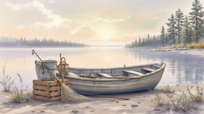 Essential fishing gear laid out, ready for a day on Lake Ontario