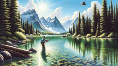 An adventurous scene of fly fishing in a picturesque lake