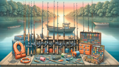 Essential Osage Beach fishing gear including rods, reels, and life jackets for a fishing trip