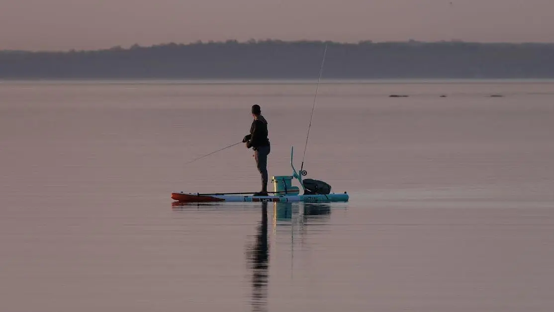 Fisherman on a paddleboard at sunrise, sharing Lake Eustis bass fishing tips.