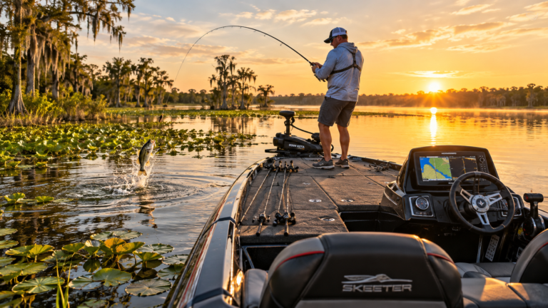 Professional bass angler fishing from a premium bass boat on a Central Florida lake near Orlando at sunrise