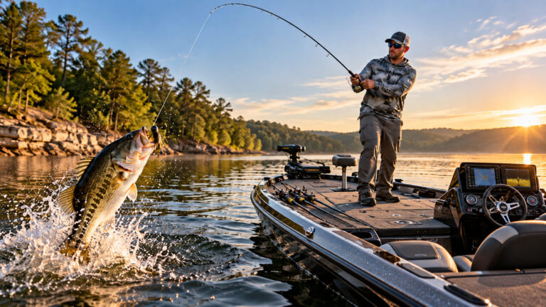 Professional bass angler using advanced fishing techniques aboard a tournament bass boat.