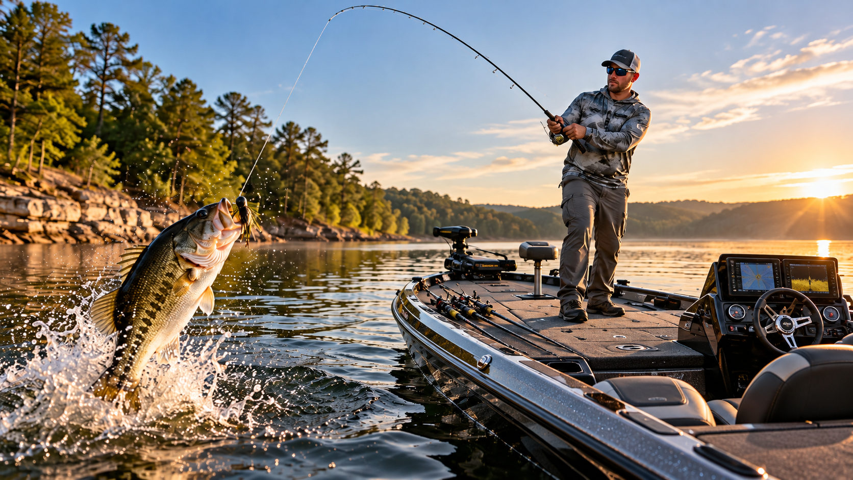 Professional bass angler using advanced fishing techniques aboard a tournament bass boat.