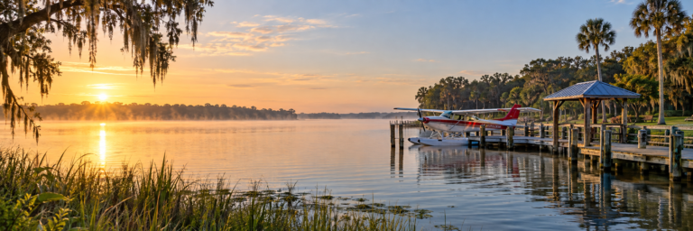 Seaplane docked on Lake Dora at sunrise in Tavares, Florida