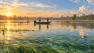 Illustration of anglers fishing a shallow Florida lake with aquatic grasses for the Lake Panasoffkee guide