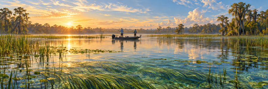 Illustration of anglers fishing a shallow Florida lake with aquatic grasses for the Lake Panasoffkee guide