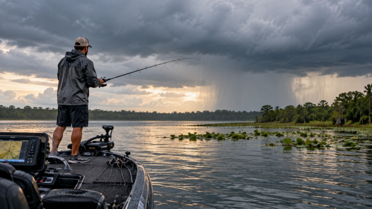 Angler fishing from a bass boat on an Orlando lake under dark rain clouds during the rainy season.